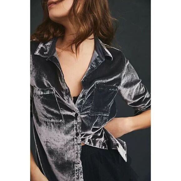 Anthropologie Pilcro Relaxed Velvet Buttondown Shirt Grey XS NEW - Picture 3 of 8